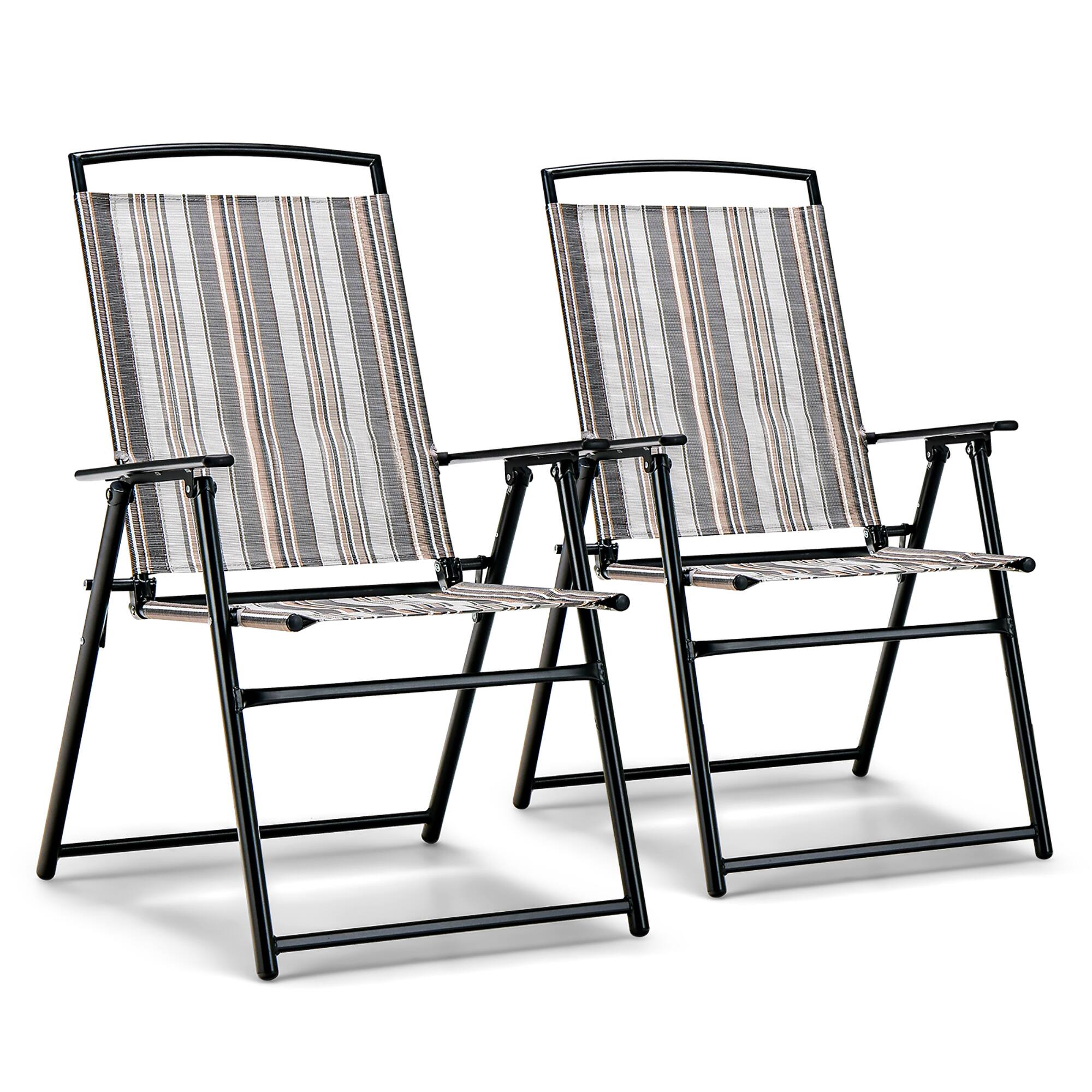 Costway - 2pcs Patio Folding Sling Chairs Dining Armrest Backrest Outdoor Portable Streak - Gray
