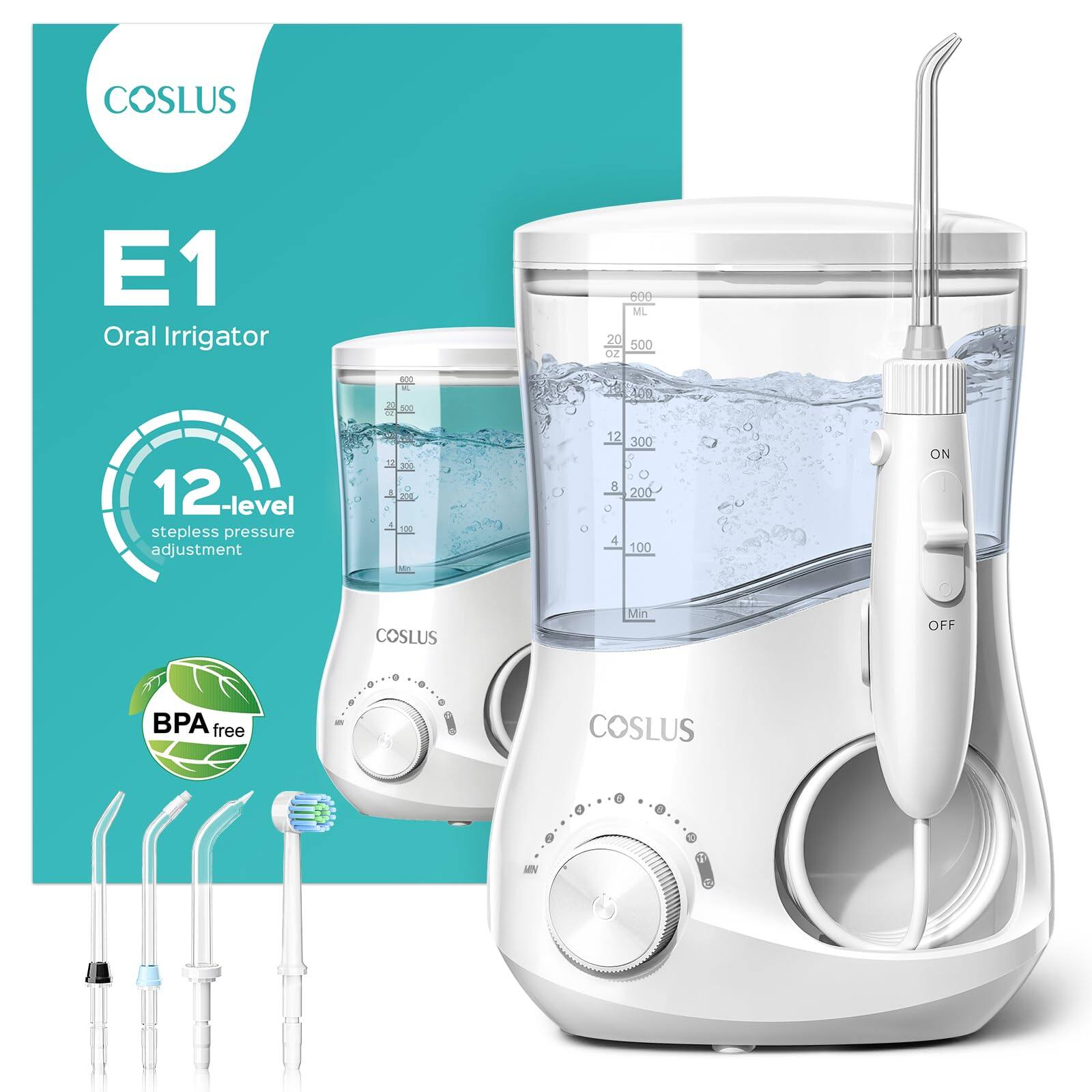 COSLUS E1 Oral Irrigator 600 ML 20 500 oz X A 409 12-level stepless pressure adjustment 16 d O 1 2 N0 Me 12 300 3 200 4 100 ON BPA free COSLUS ...O..D .-.. i Min COSLUS OFF MN