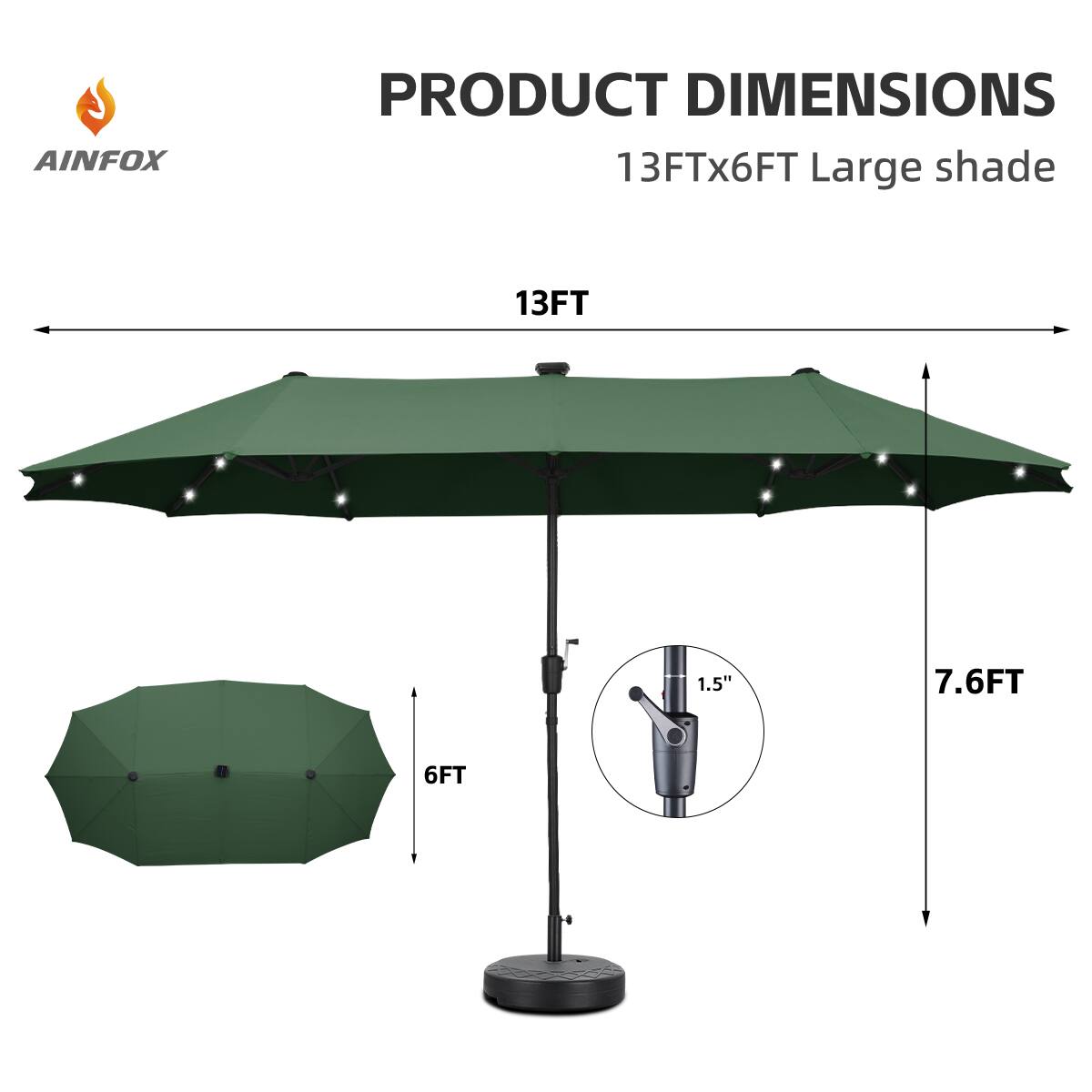 3 AINFOX PRODUCT DIMENSIONS 13FTx6FT Large shade 13FT 1.5" 7.6FT 6FT