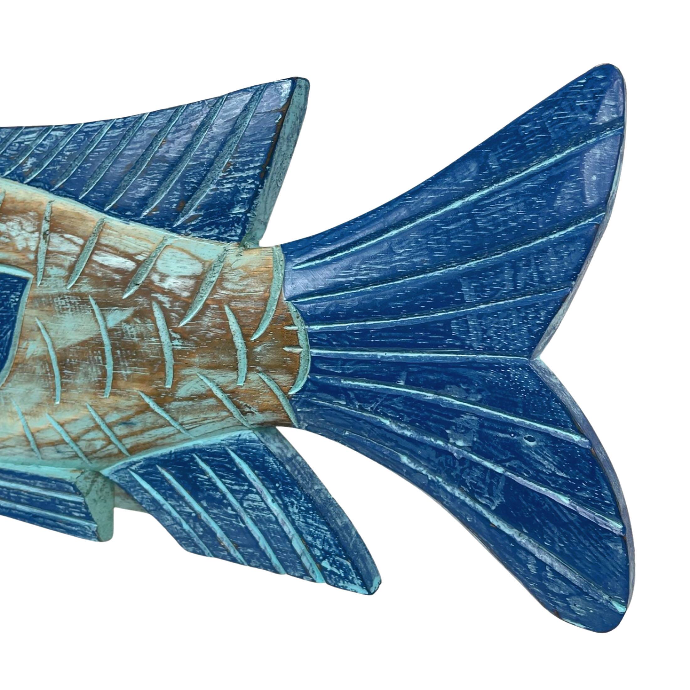 Alt View 8. Things2Die4 - Hand Carved Blue Wooden Fish Statue 19" Nautical Coastal Decor Wood Accent - Blue.