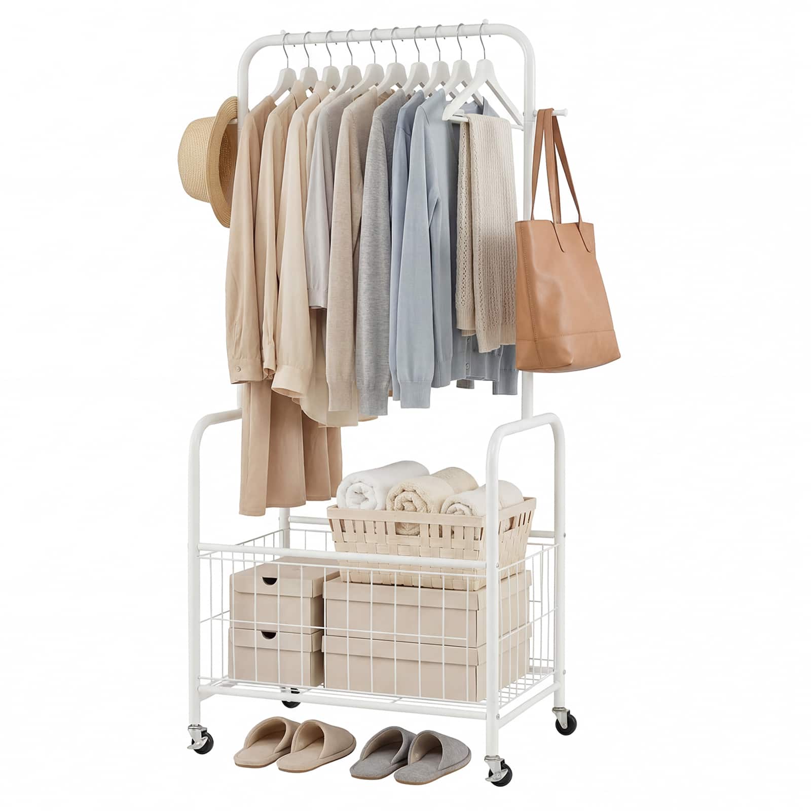 Gymax - Rolling Clothes Rack w/Hanging Rod Side Hooks Storage Basket Lockable Wheels - White