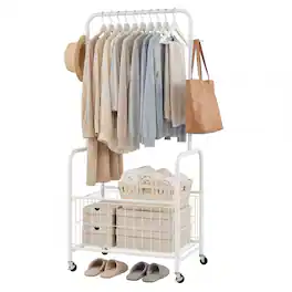 Gymax - Rolling Clothes Rack w/Hanging Rod Side Hooks Storage Basket Lockable Wheels - White