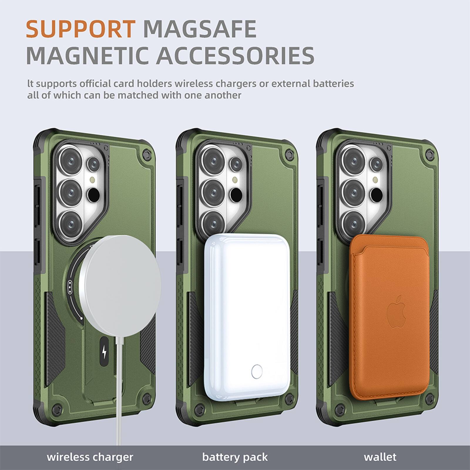 SUPPORT MAGSAFE MAGNETIC ACCESSORIES

It supports official card holders, wireless chargers, or external batteries, all of which can be matched with one another.

wireless charger  
battery pack  
wallet
