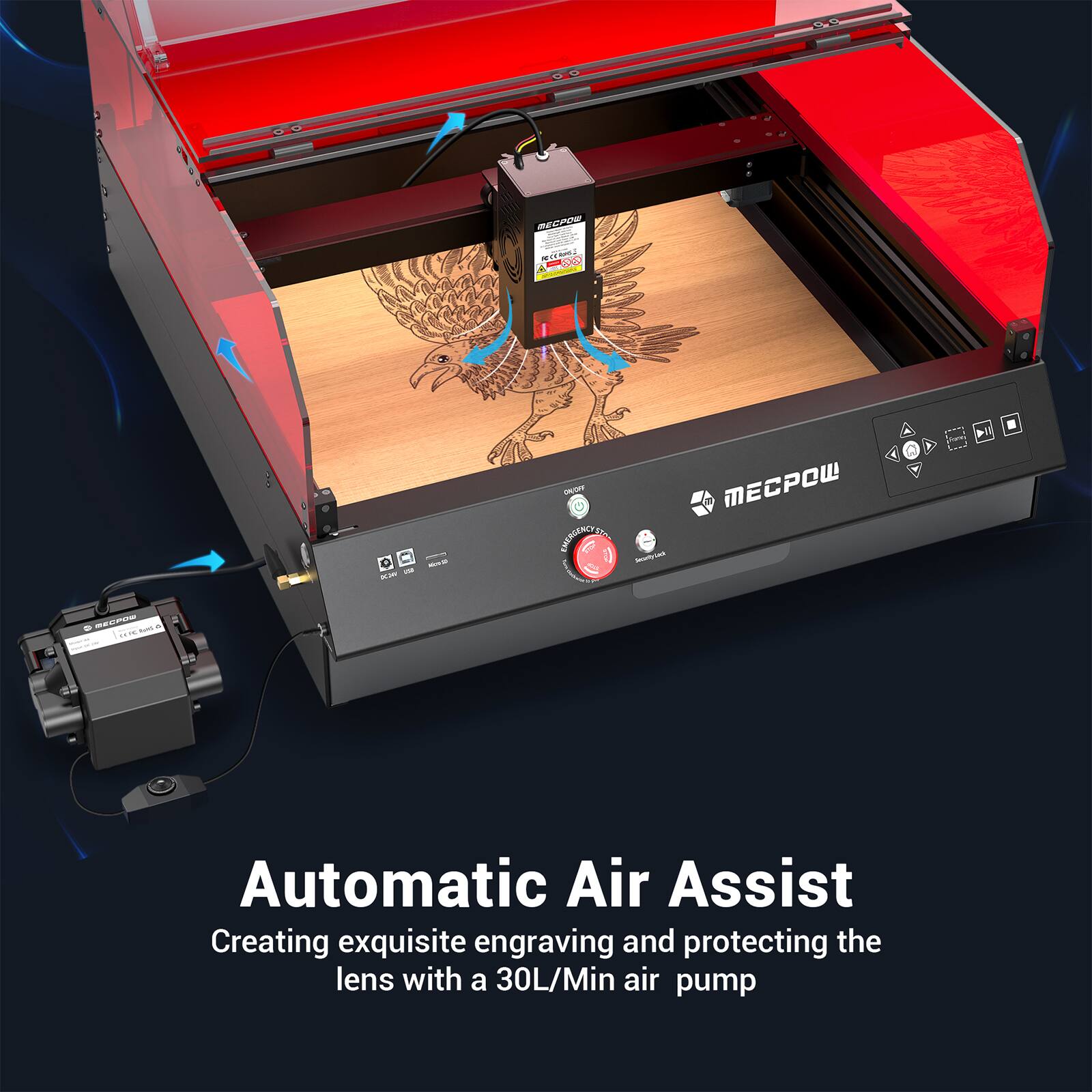 Automatic Air Assist: Creating exquisite engraving and protecting the lens with a 30L/Min air pump.