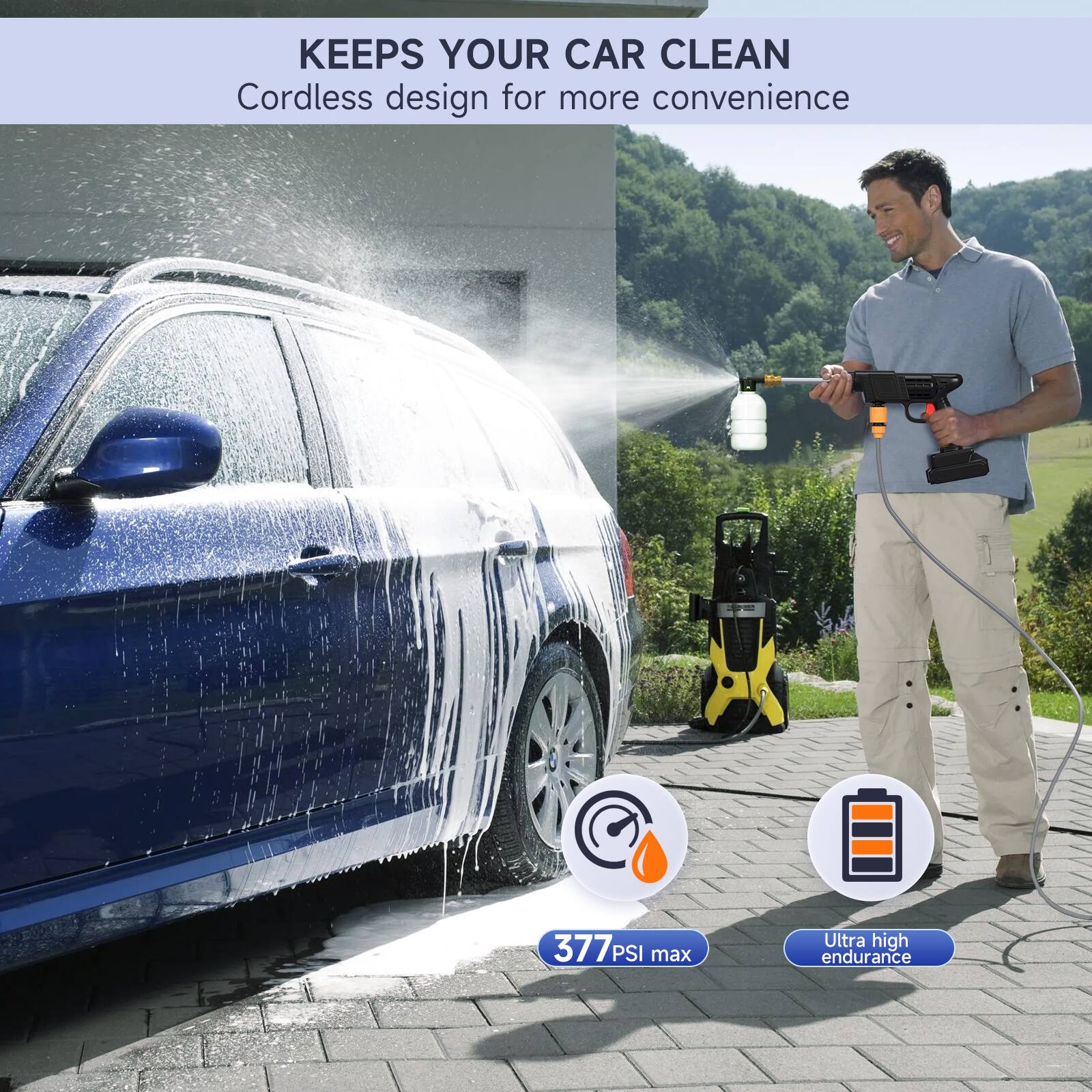 KEEPS YOUR CAR CLEAN  
Cordless design for more convenience  

377 PSI max  
Ultra high endurance