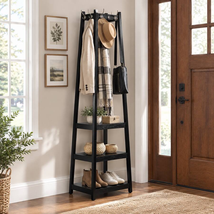 30 Inch Robe Hook Rack RYHNUYNE Vassen Wood Coat Rack, 3 Tier Storage Shelves, 17.5 x 17.5 x ...