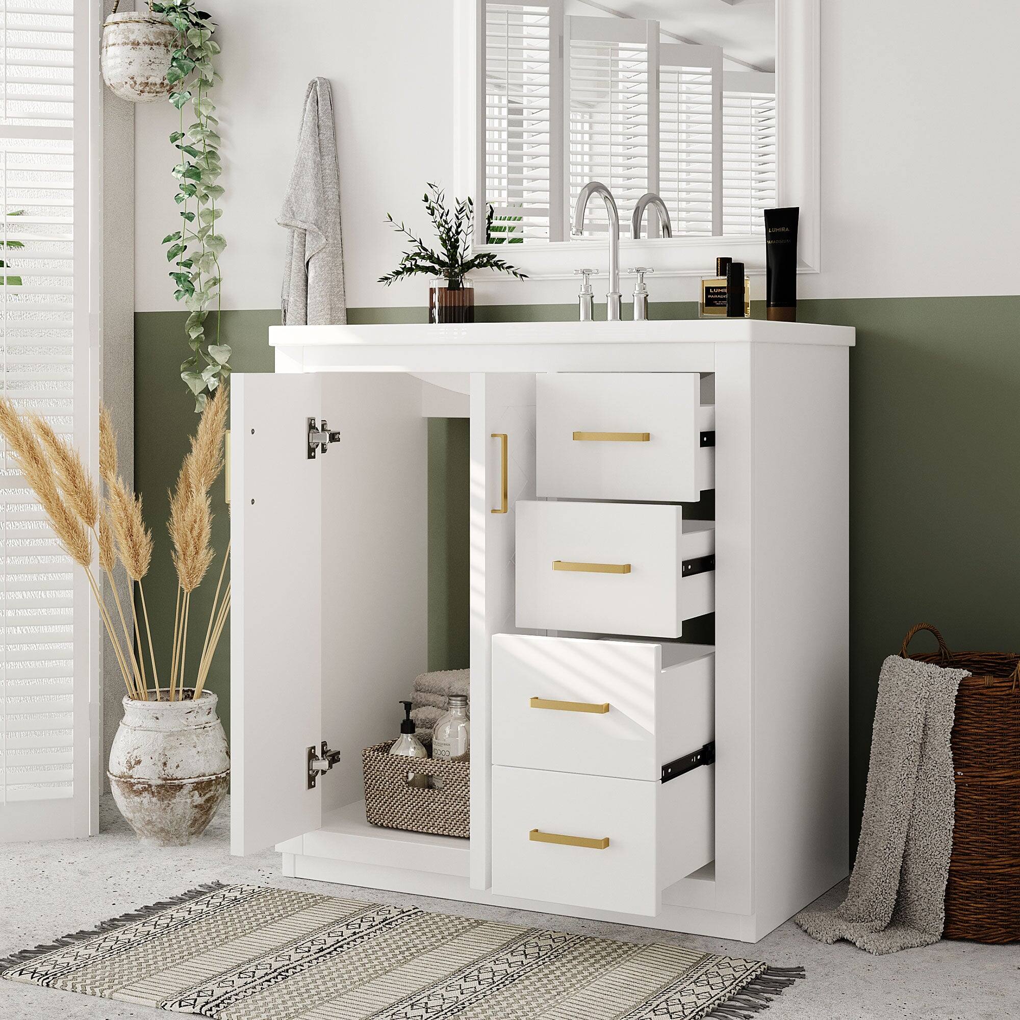 Alt View 5. Boyel Living - 30 Inch Bathroom Vanity White with Ceramic Sink Solid Wood Frame 3 Drawers - White.