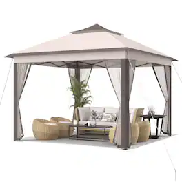 Kadyn - 11 x 11 Feet 2-Tier Pop-Up Gazebo Tent Portable Canopy Shelter Carry Bag Mesh- Outdoor Gazebo Wedding Party Tent - Beige