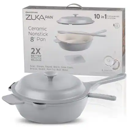 ZUKA PAN
GRANITESTONE
Ceramic Nonstick 8" Pan
10 in 1 COOKWARE SYSTEM
2X BETTER NONSTICK RELEASE
Sear, Steam, Sauté, Warm, Slow Cook, Braise, Roast, Pan Fry, Boil, Bake
4 PIECE SET
- Ceramic Nonstick 8" Pan
- Lid with Silicone Handle
- Silicone Spoon
- Silicone Steamer Basket
PFOA & PTFE FREE