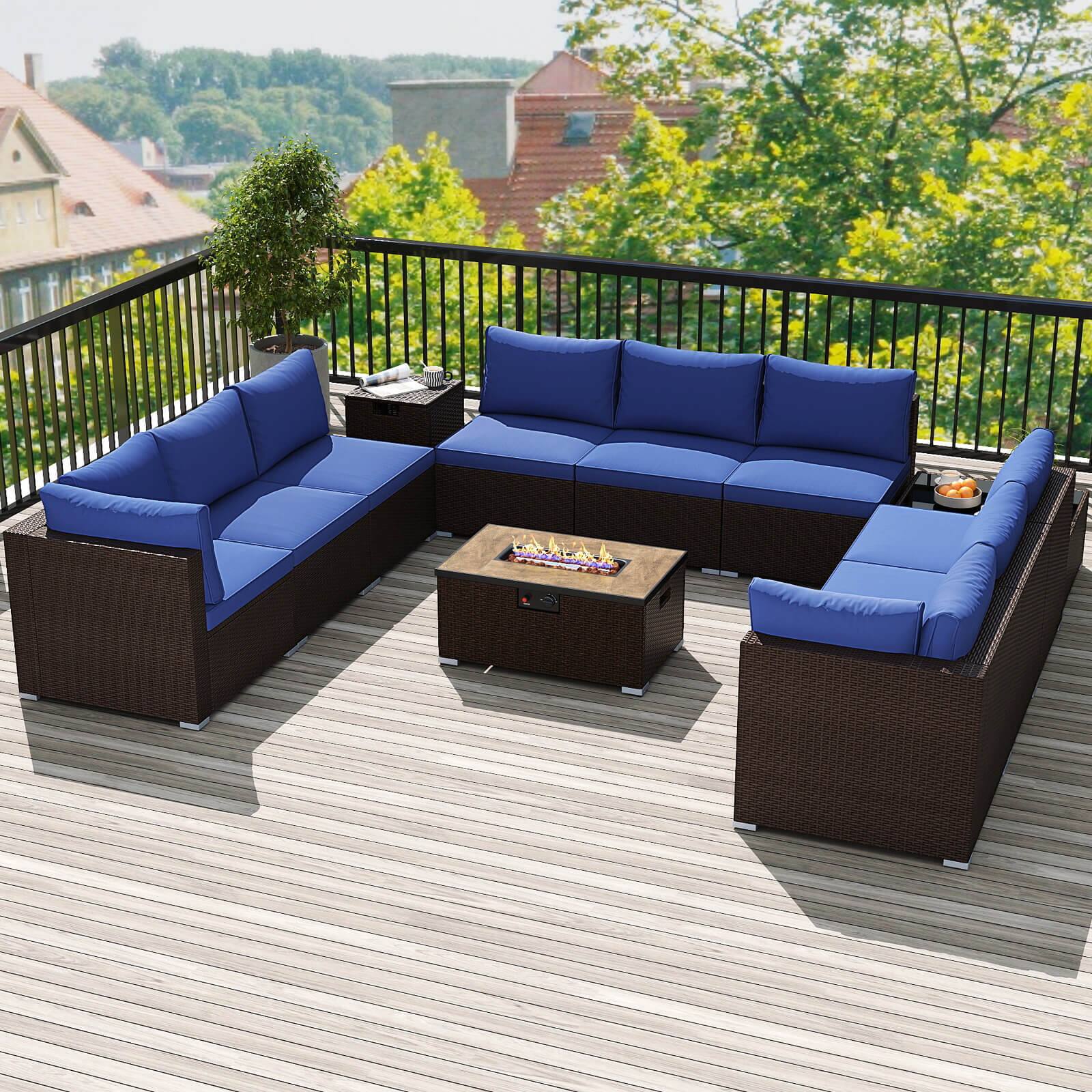 Alt View 1. Costway - Costway 12 PCS Patio Wicker Sectional Sofa Set with 32" Propane Fire Pit Table Tank Holder - Navy.