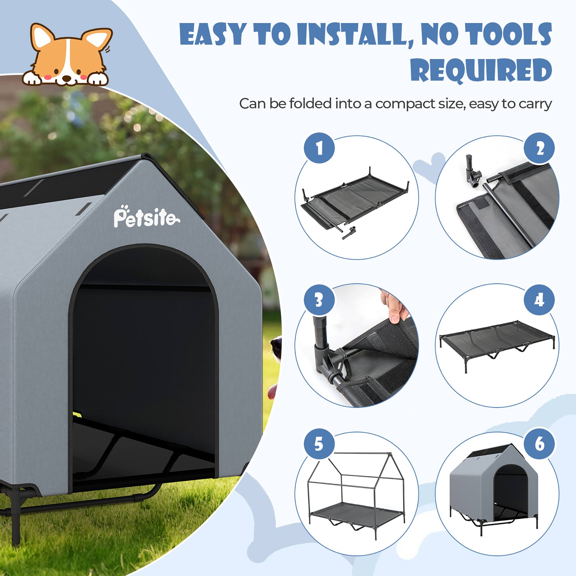 EASY TO INSTALL, NO TOOLS REQUIRED  
Can be folded into a compact size, easy to carry  

1  
2  
3  
4  
5  
6
