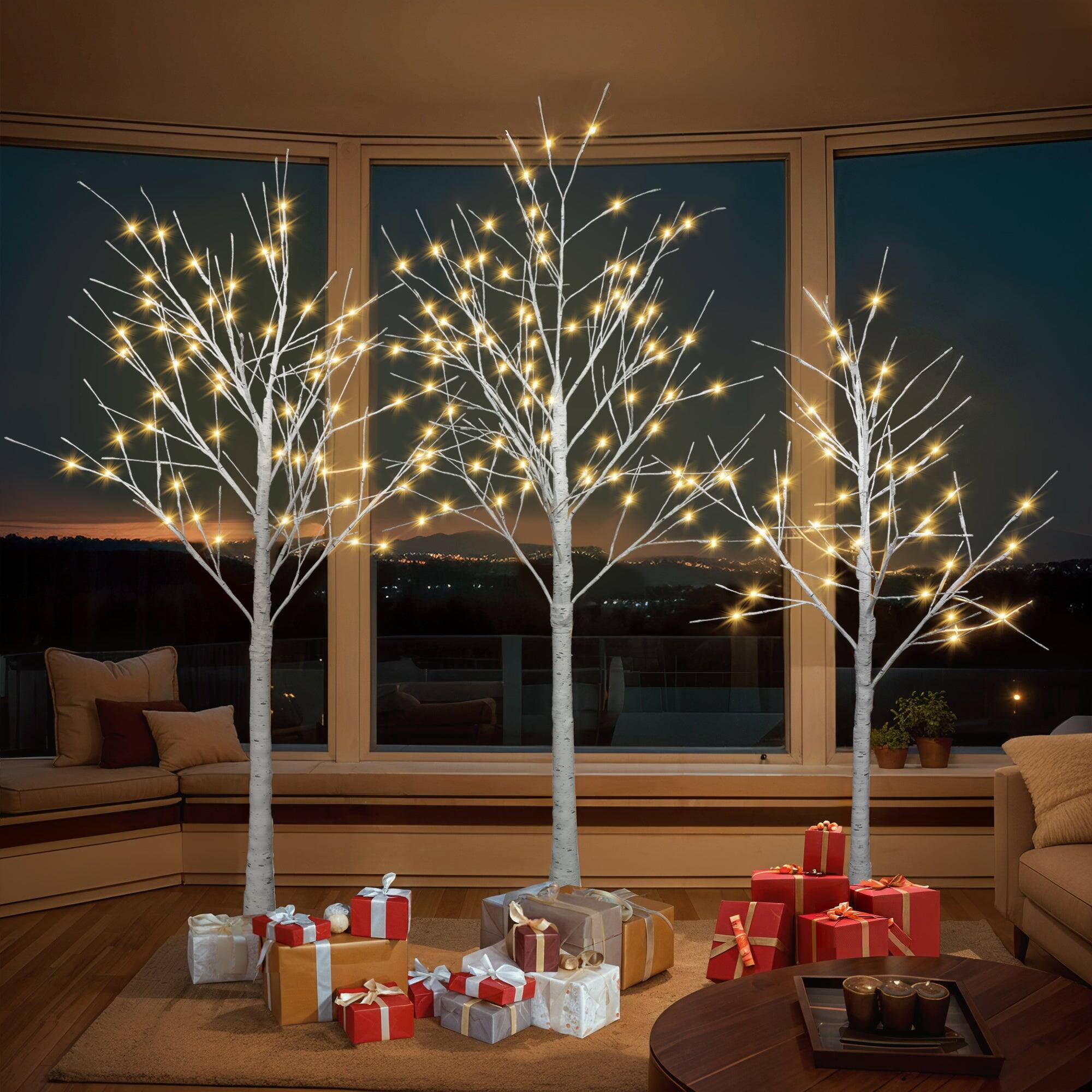 Angle. BreeBe - Set of Lighted Birch Tree, 4FT 48 LED/5FT 72 LED/6FT 96 LED Artificial Tree with Warm White Lights - White.
