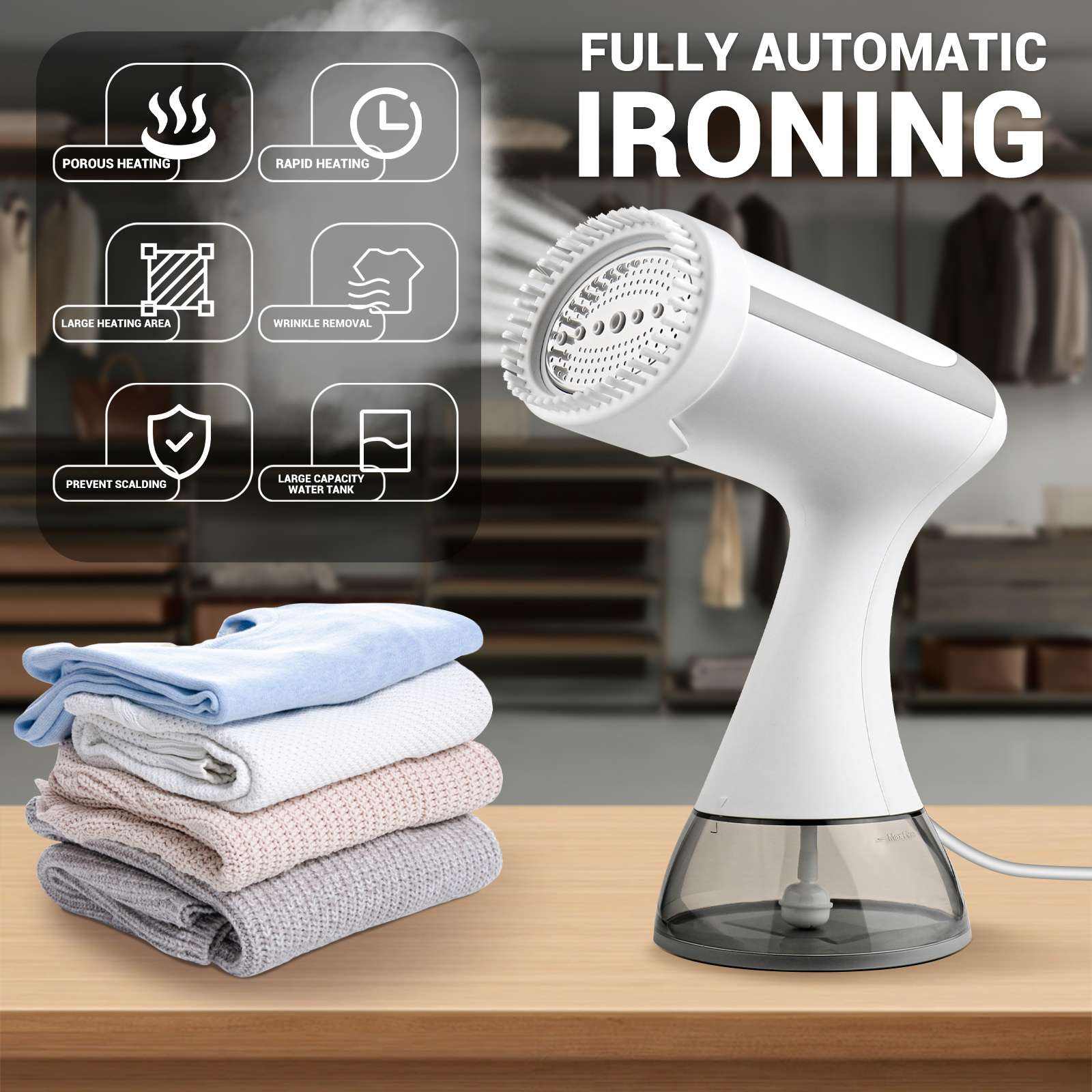 - Porous Heating
- Rapid Heating
- Large Heating Area
- Wrinkle Removal
- Prevent Scalding
- Large Capacity Water Tank

Fully Automatic Ironing
