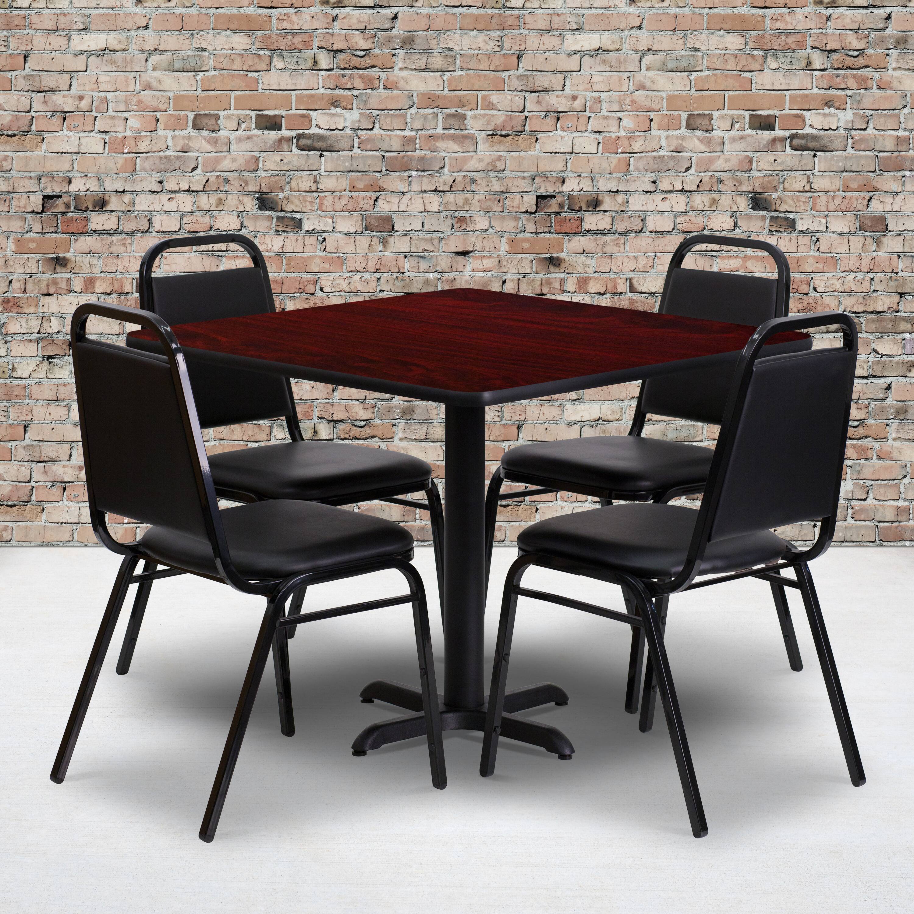Alt View 1. Emma + Oliver - 36" Square Laminate X-Base Table Set with 4 Banquet Chairs - Mahogany Top/Black Vinyl Seat.