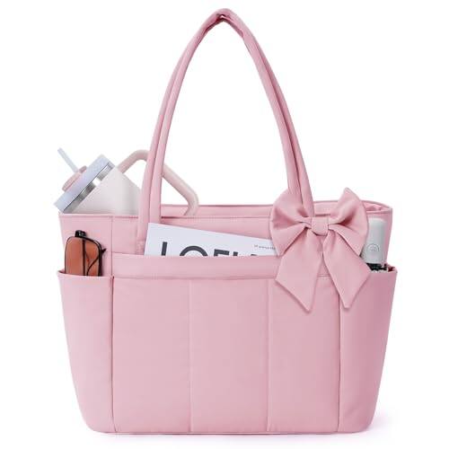 Front. DORLUKFU - Puffer Tote Bag for Women, Fits 40oz Tumbler&15.6" Laptop, Nurse Work Bag with Detachable Bow for Gym Travel - Alpine Rose.