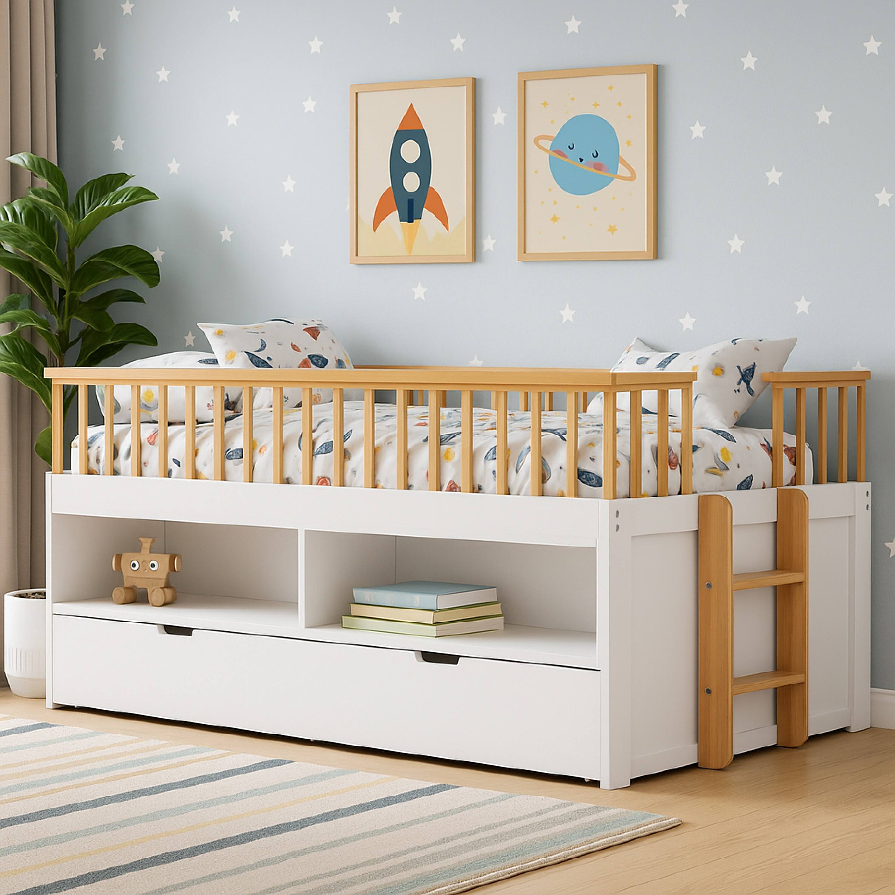 Alt View 5. Manhattan Lane - Lexo Twin Bookcase Bunk Bed w Trundle and Ladder - White, Oak Brown.