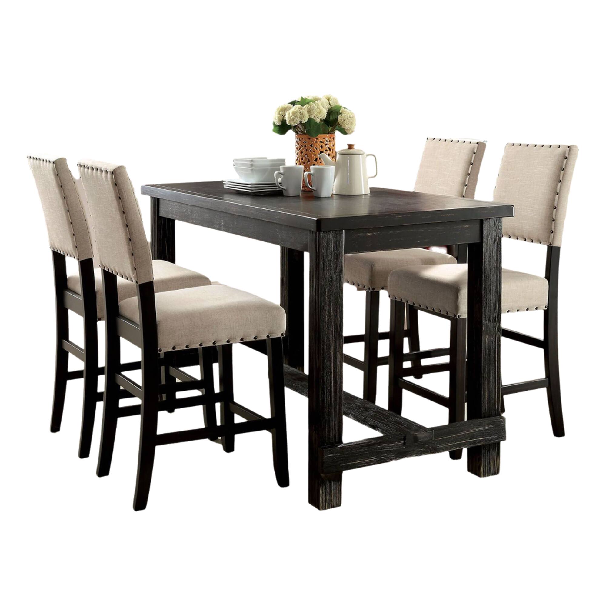 Front. Manhattan Lane - Bega 5pc Counter Height Table and Chair Set, Ivory Upholstery - Black, Ivory.