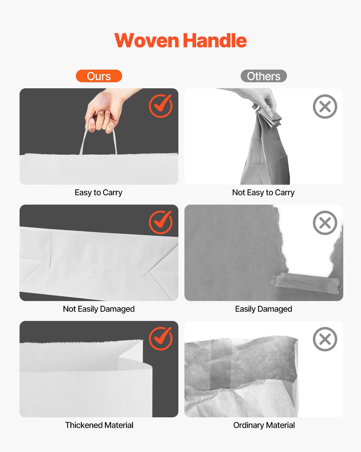 - Woven Handle
  - Ours
    - Easy to Carry
    - Not Easily Damaged
    - Thickened Material
  - Others
    - Not Easy to Carry
    - Easily Damaged
    - Ordinary Material