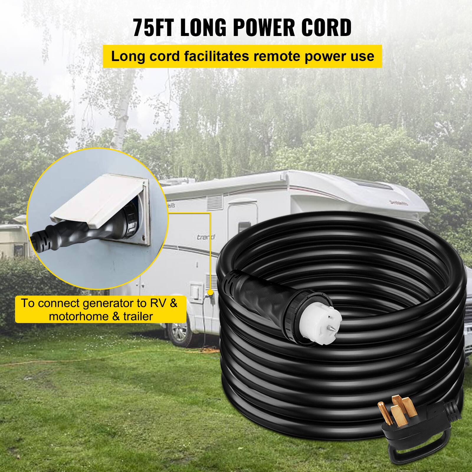 75FT LONG POWER CORD

Long cord facilitates remote power use

To connect generator to RV & motorhome & trailer