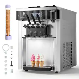 VEVOR - Commercial Ice Cream Machine, 20-28L/H Yield, 2200W 3-Flavor Countertop Soft Serve Ice Cream Maker with 2 x 6L Hoppers - Silver