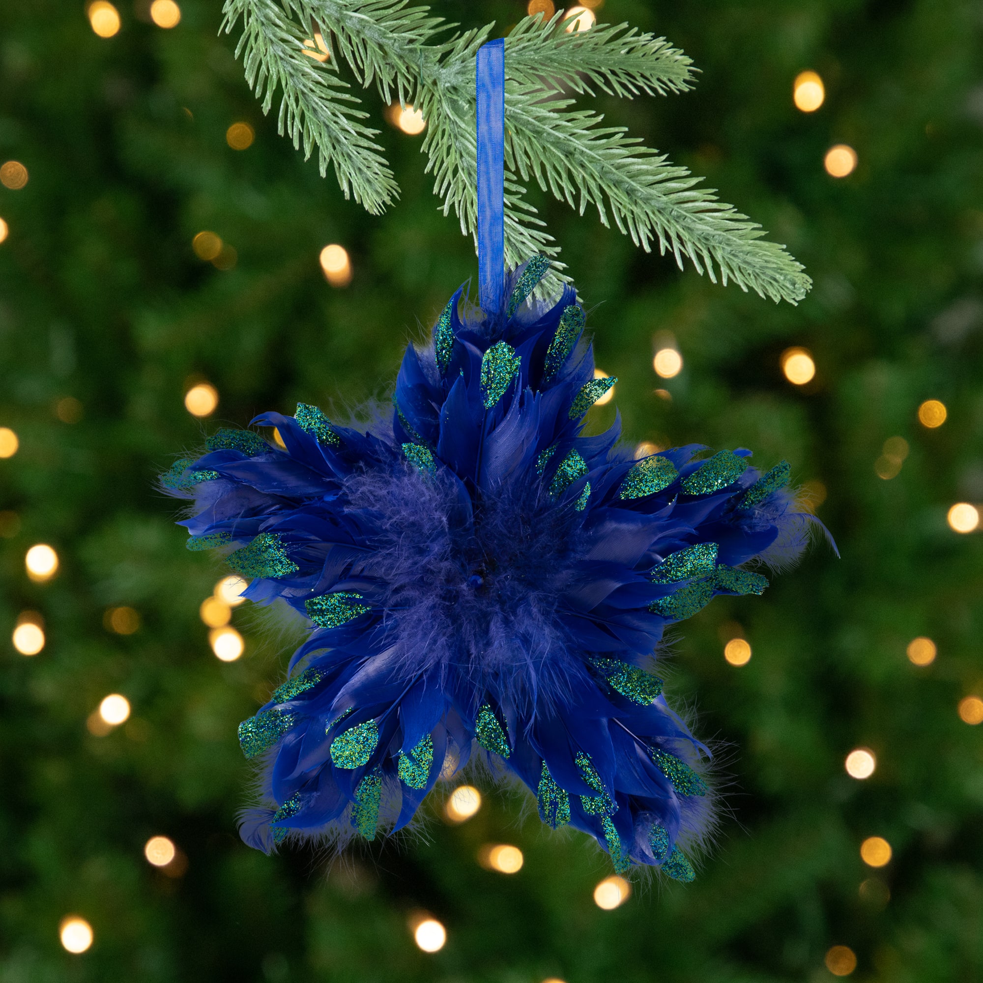 Northlight - Plush Glittery Peacock Feather Star Shaped Christmas Ornament - 9" - Blue