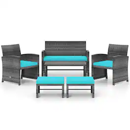 Gymax - Set Of 6 Patio Furniture Outdoor Sectional Conversation PE Rattan Sofa Set Turquoise - Mix Brown, Turquoise