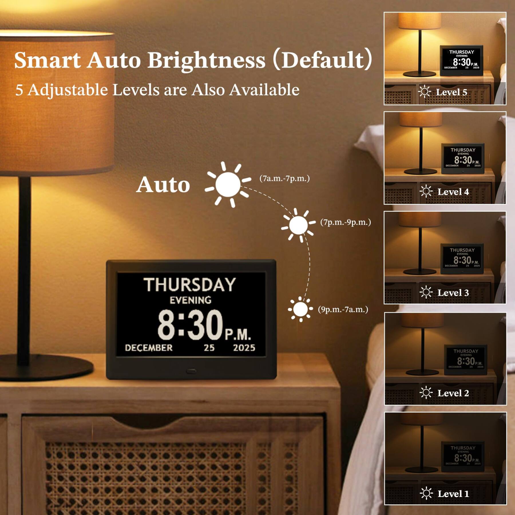 Smart Auto Brightness (Default)  
5 Adjustable Levels are Also Available

Auto  
(7a.m.-7p.m.)  
Level 5

(7p.m.-9p.m.)  
Level 4

(9p.m.-7a.m.)  
Level 3

Level 2

Level 1
