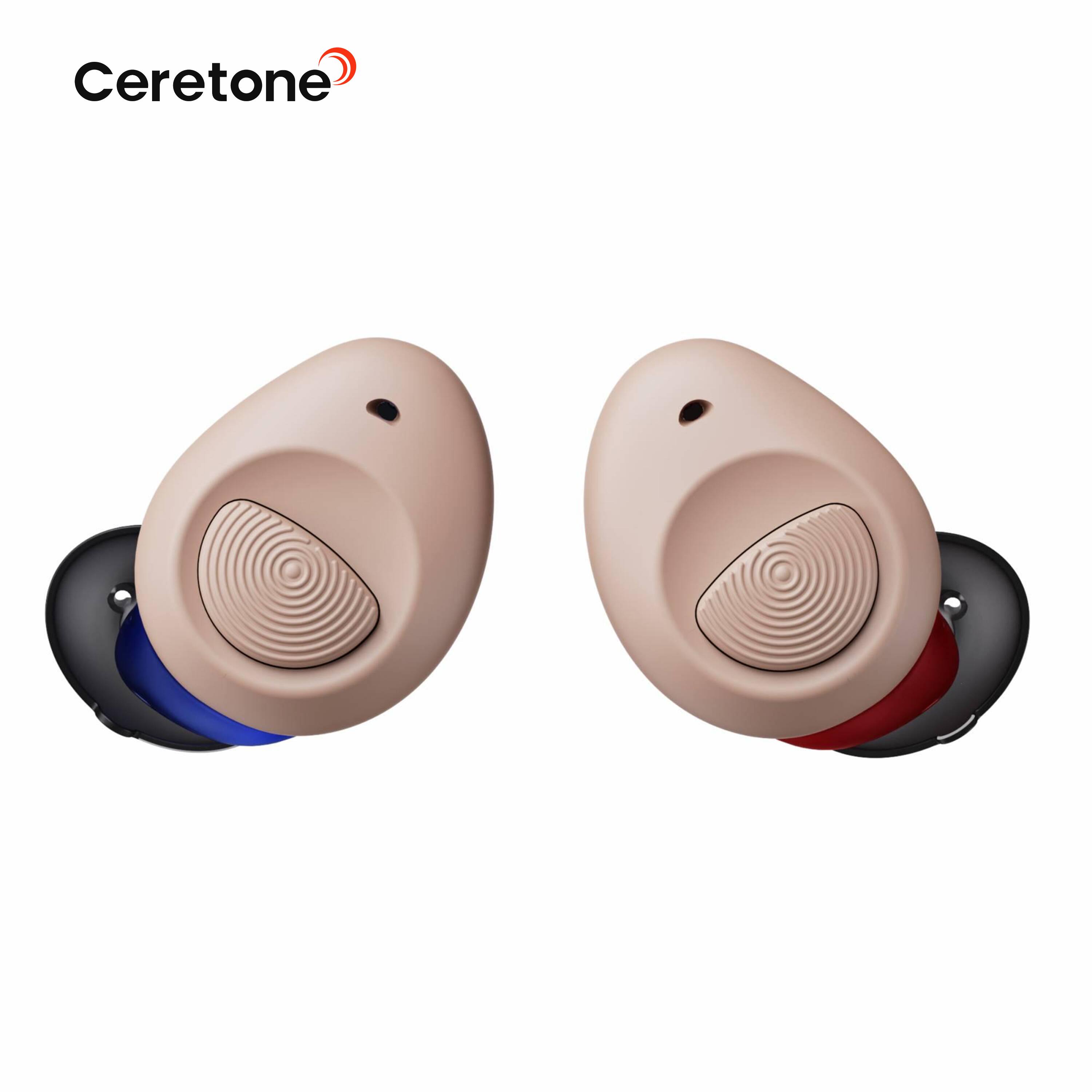 Back. Ceretone - Torch OTC Hearing Aids - Rechargeable, Wind Noise Reduction, 5 Preset Programs, Light Weight Design - The left is blue.The right is red..