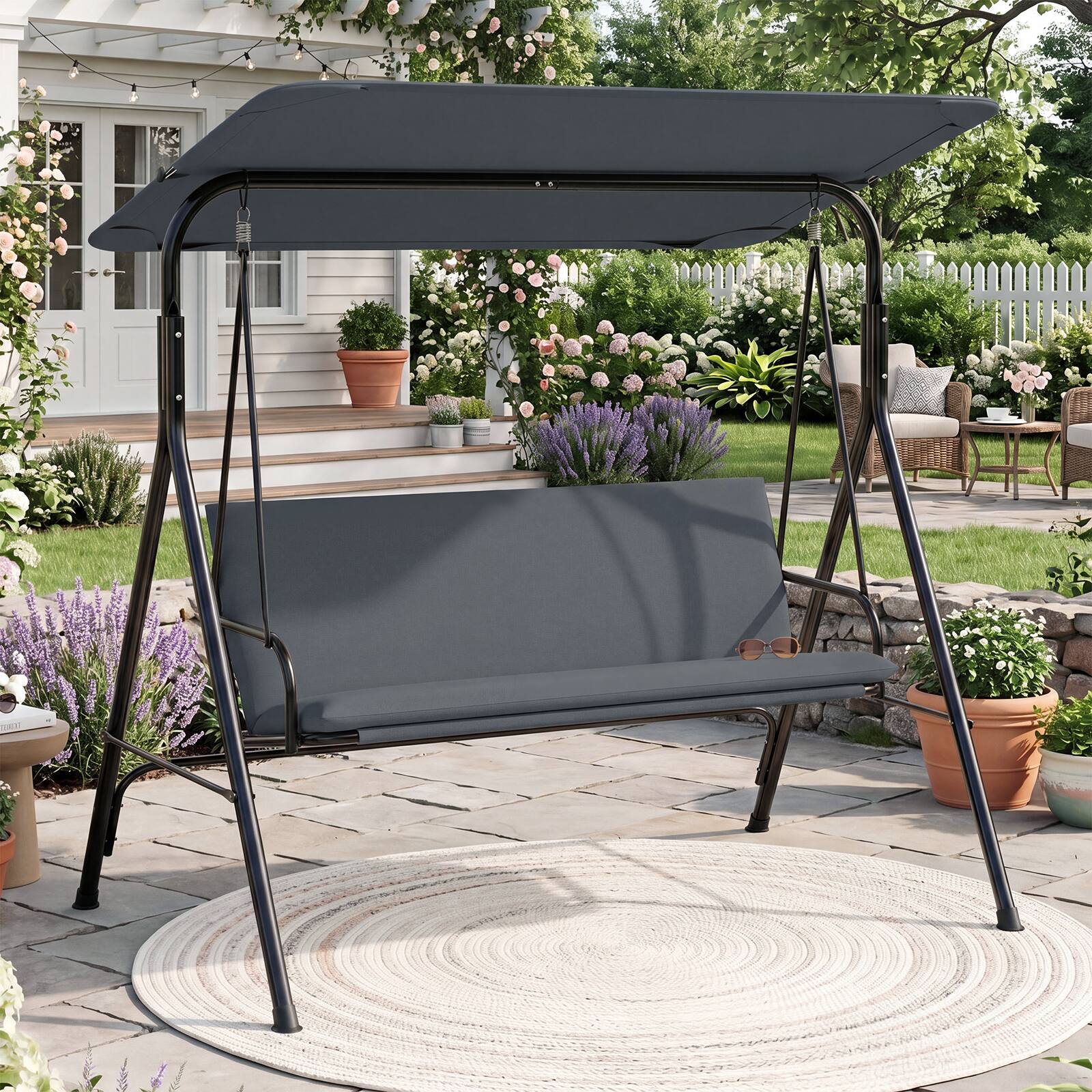 Alt View 4. Costway - Costway 3-Seat Outdoor Patio Swing Chair with Armrests,Adjustable Tilt Canopy & Stand - Gray.