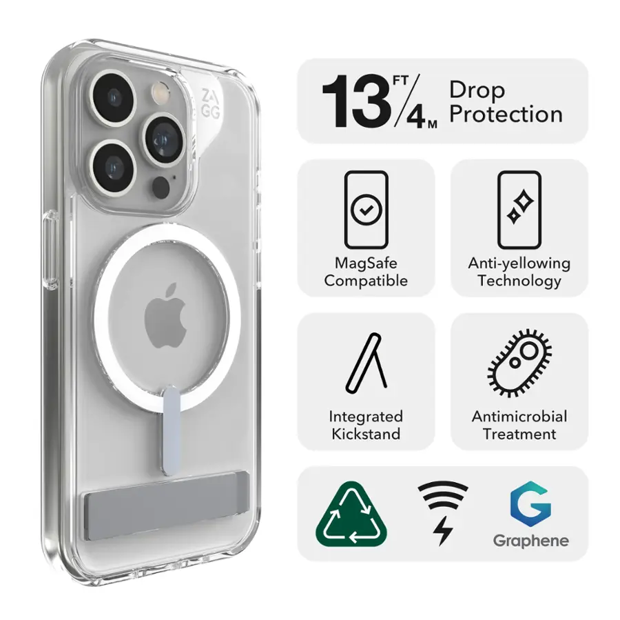 The image features a white iPhone case with a kickstand and a MagSafe compatible design. The case is advertised as having 1374 drop protection, anti-yellowing technology, and integrated antimicrobial treatment. Additionally, the case is made with graphene material, which is known for its strength and durability.