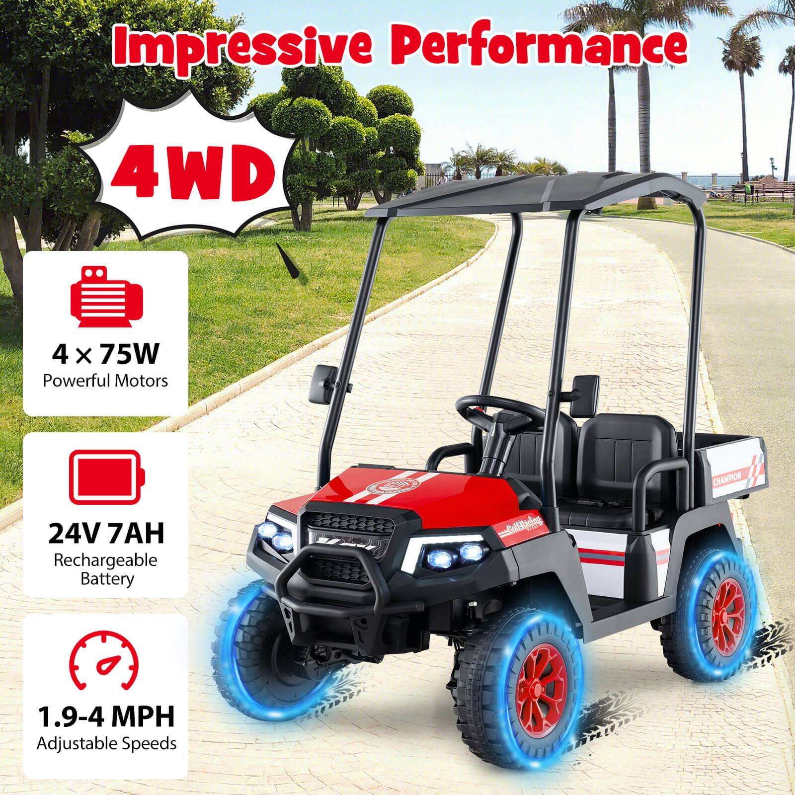 Impressive Performance

4WD

4 x 75W Powerful Motors

24V 7AH Rechargeable Battery

1.9-4 MPH Adjustable Speeds