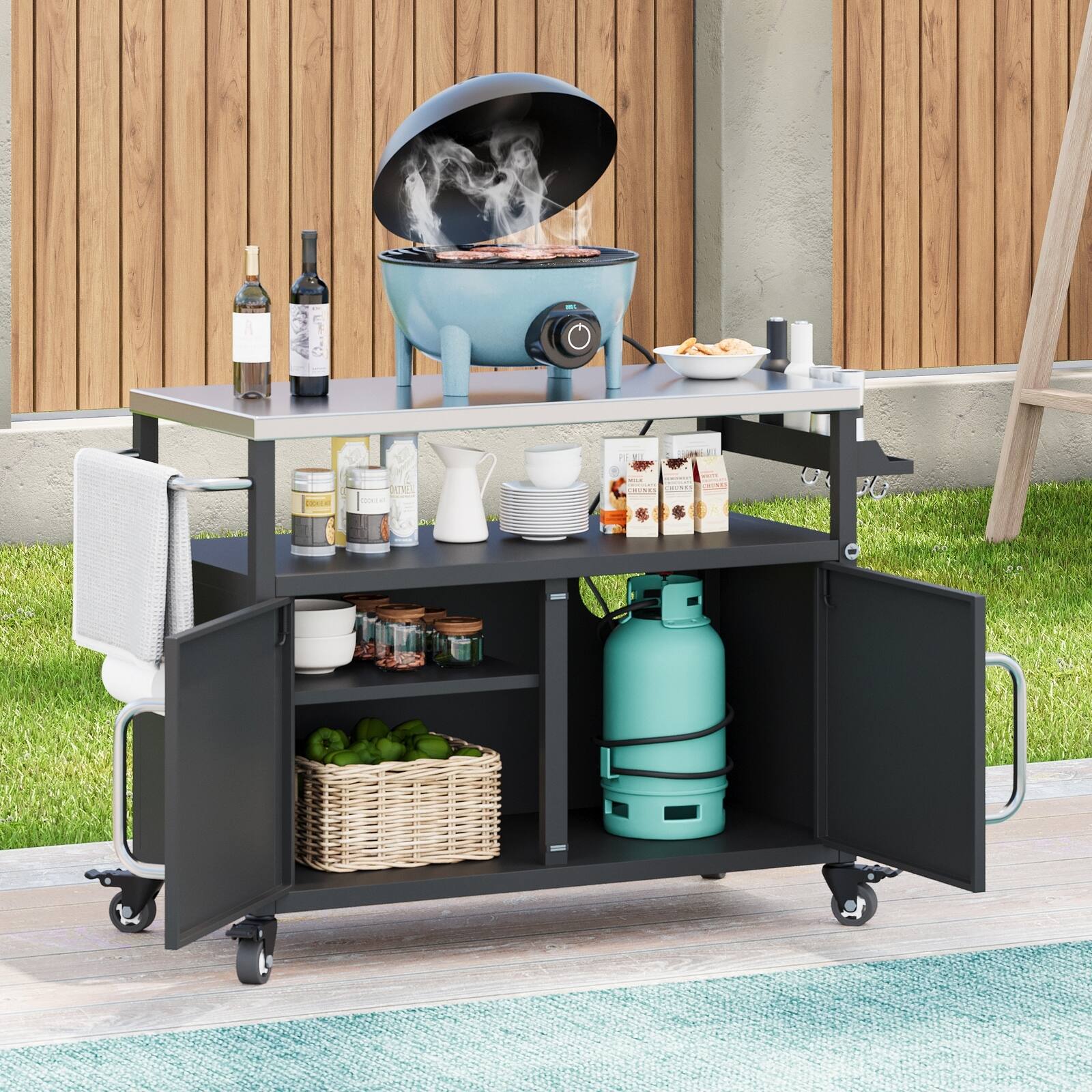 Angle. Spaco - Spaco 54.5" Outdoor Kitchen Island with Stainless Steel Tabletop,with Storage Cabinet, Spice Rack and Towel Rack - Black.