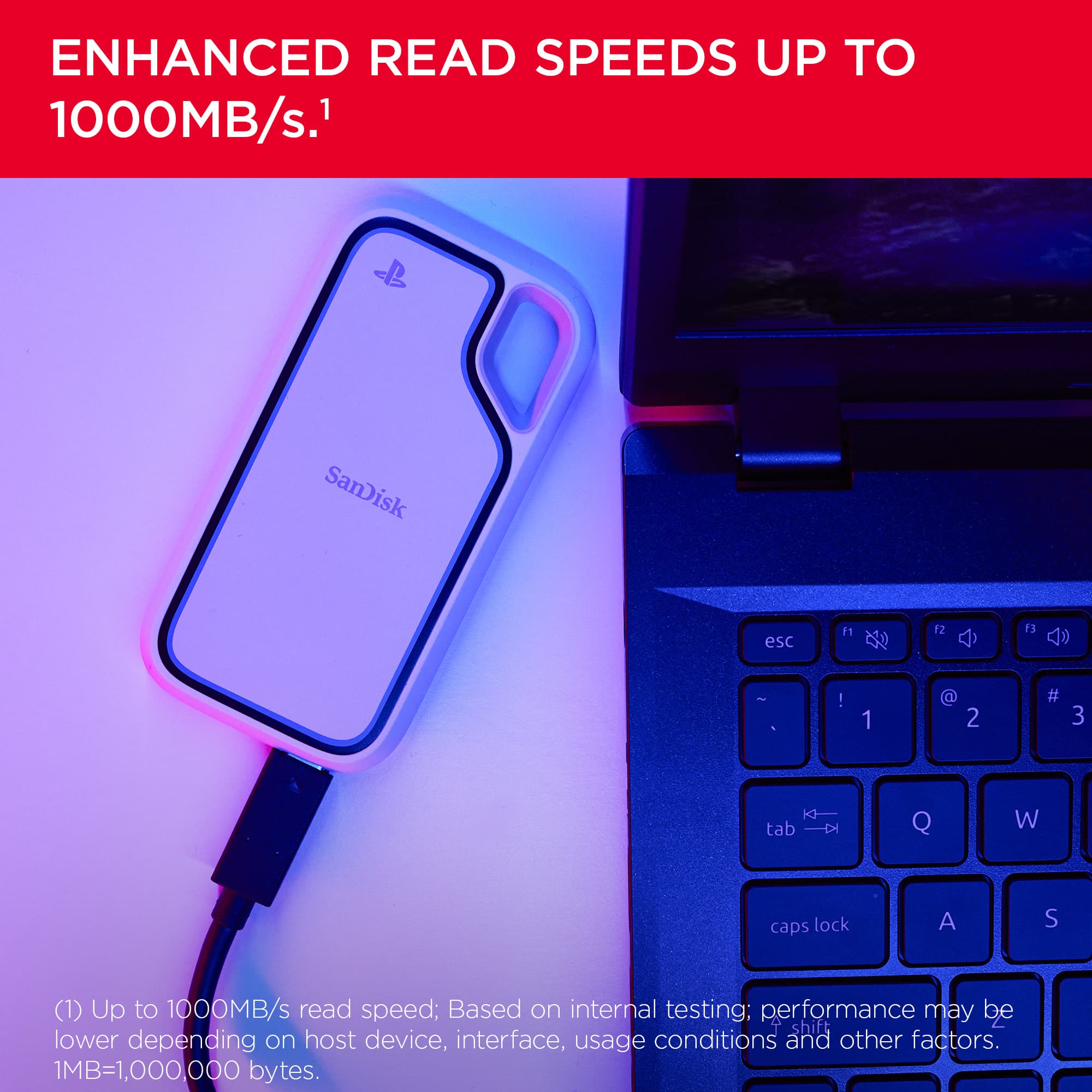 ENHANCED READ SPEEDS UP TO 1000MB/s.1
(1) Up to 1000MB/s read speed; Based on internal testing: performance may be lower depending on host device, interface, usage conditions and other factors. 1MB=1,000,000 bytes.