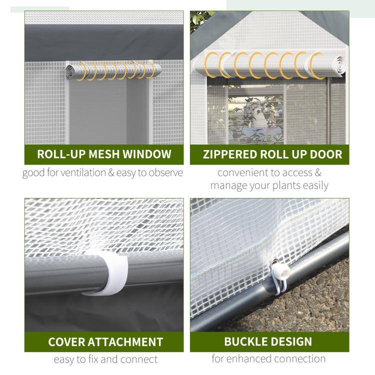 ROLL-UP MESH WINDOW  
good for ventilation & easy to observe

ZIPPERED ROLL UP DOOR  
convenient to access & manage your plants easily

COVER ATTACHMENT  
easy to fix and connect

BUCKLE DESIGN  
for enhanced connection