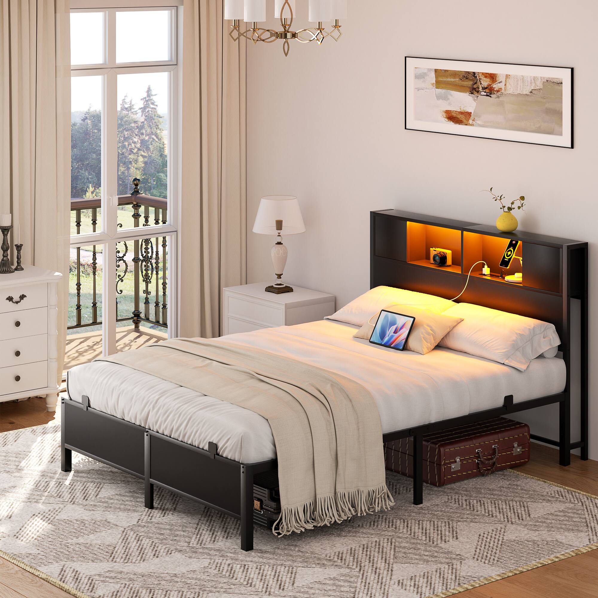 Alt View 3. Aheaplus - Industrial Metal Bed Frame: Storage Headboard / Charging, LED Lights, Steel Slats, No Box Spring, Easy Assembly - Black.