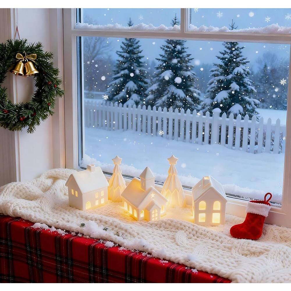 Alt View 2. Schertz - 5-Pc Ceramic Christmas Village Set with 3 Lighted Houses & 2 Pine Trees - White.