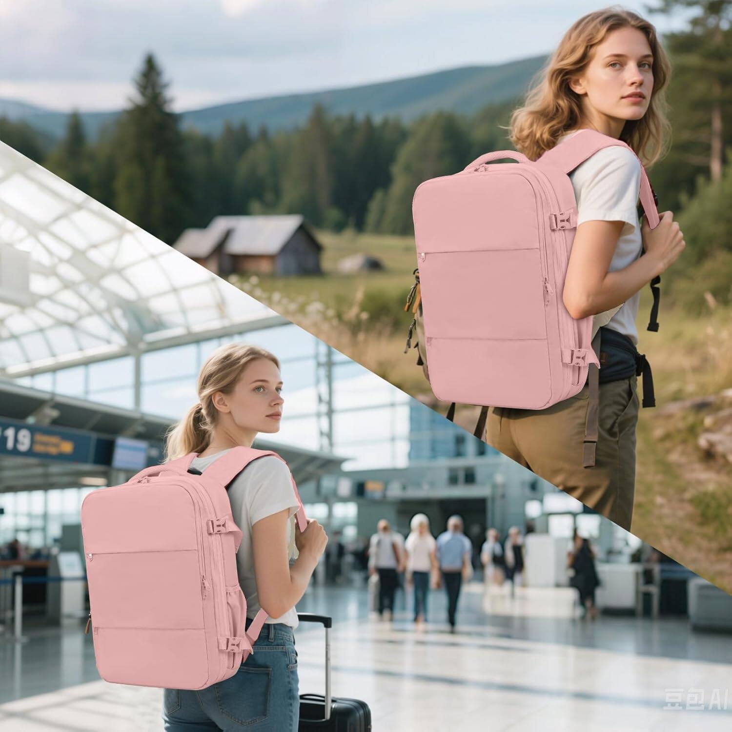 Alt View 6. Wikistore - WIKISTORE Air Vacuum Compression Travel Backpack Expandable Carry On Bag with Pump Fit 17.3inch Laptop Waterproof Pink - Pink.