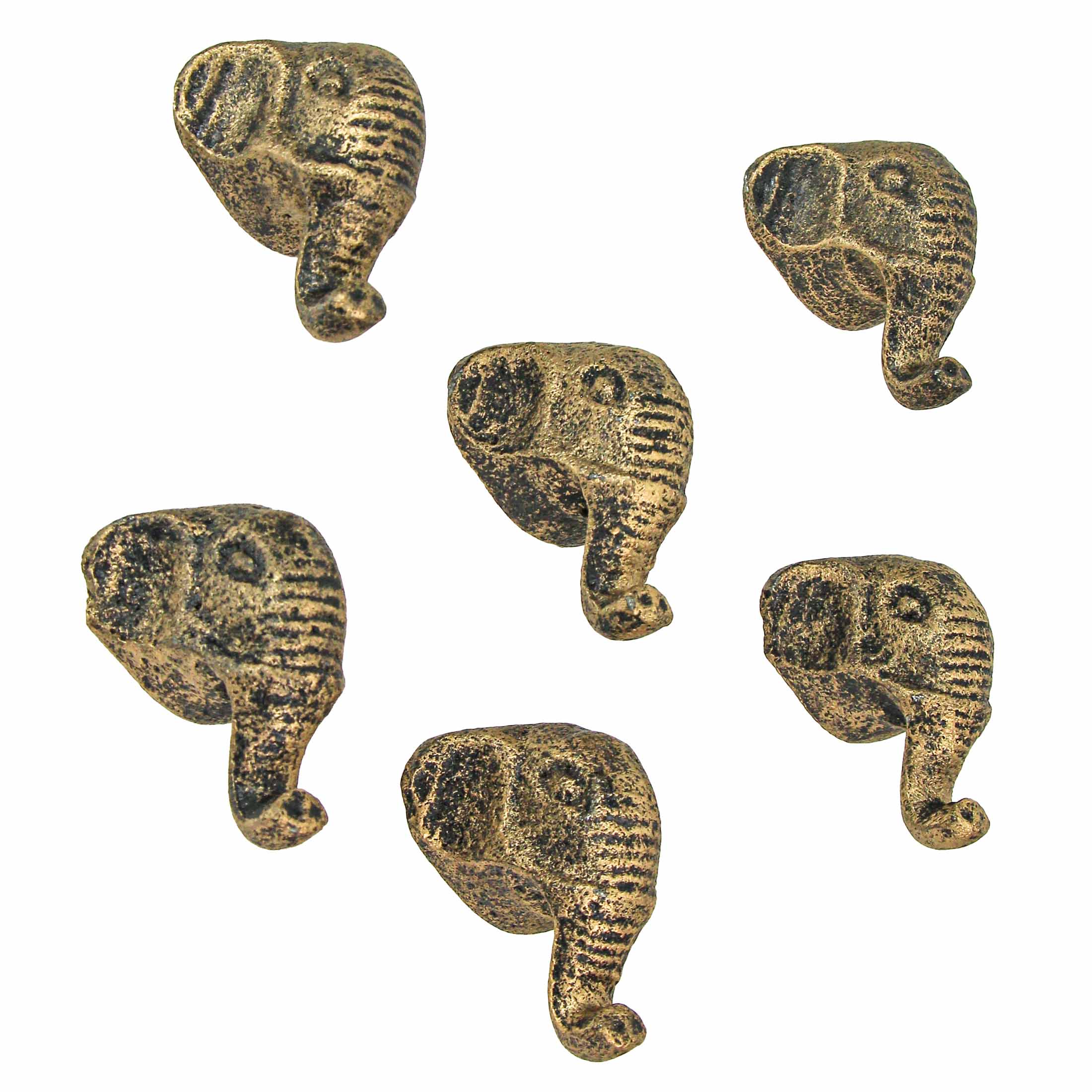 Front. Zeckos - Antique Gold Finish Cast Iron Elephant Head Cabinet Knob Drawer Pulls Set of 6 - Gold.