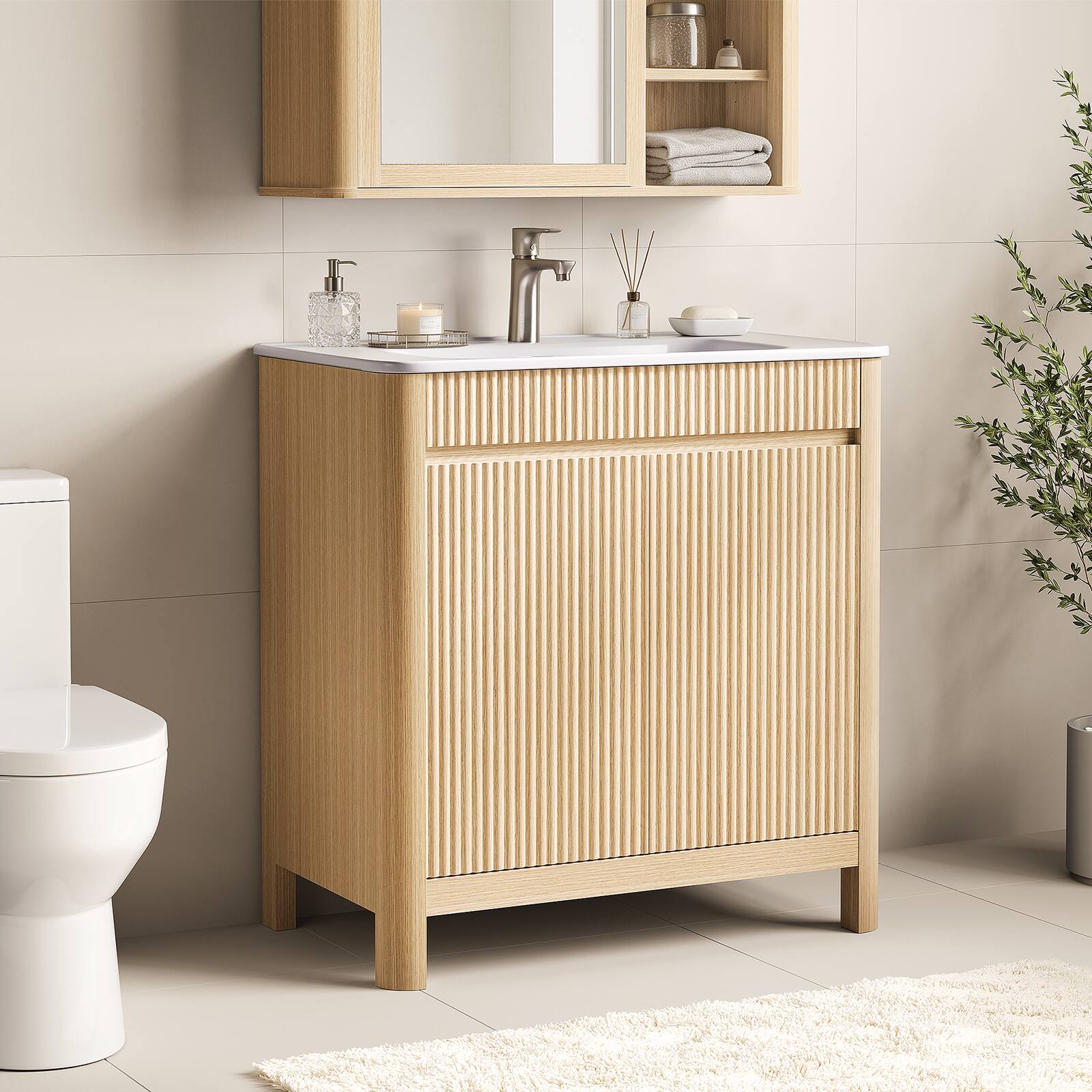 Angle. ModernMate - 30" Single Bathroom Vanity with Ceramic Sink, Solid Wood Legs, Adjustable shelves, Soft-Close Doors - Natural Oak.