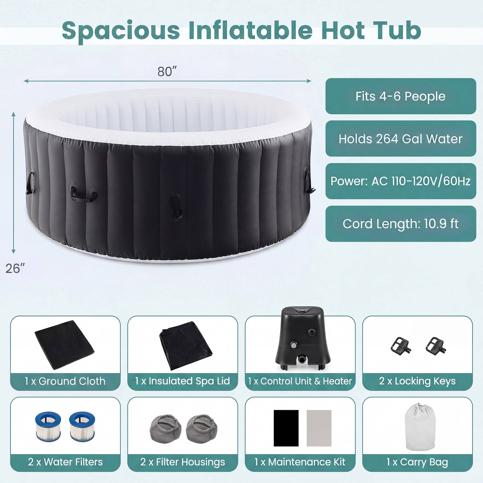 Spacious Inflatable Hot Tub  
80"  
Fits 4-6 People  
Holds 264 Gal Water  
Power: AC 110-120V/60Hz  
Cord Length: 10.9 ft  

Includes:  
1 x Ground Cloth  
1 x Insulated Spa Lid  
1 x Control Unit & Heater  
2 x Locking Keys  
2 x Water Filters  
2 x Filter Housings  
1 x Maintenance Kit  
1 x Carry Bag