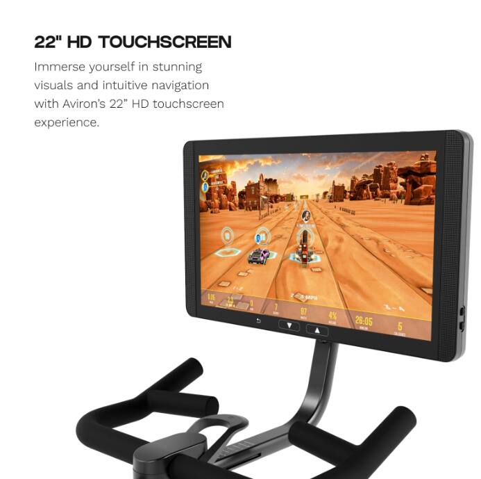22" HD TOUCHSCREEN  
Immerse yourself in stunning visuals and intuitive navigation with Aviron's 22" HD touchscreen experience.