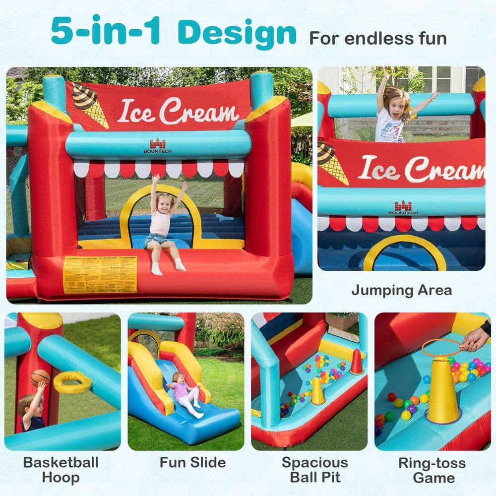 5-in-1 Design  
For endless fun  

Ice Cream BOUNTECH  

Jumping Area  
Basketball Hoop  
Fun Slide  
Spacious Ball Pit  
Ring-toss Game