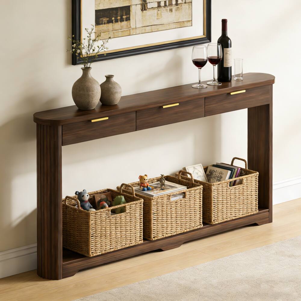 Angle. JUJABU - 70.1" Walnut Wooden Wavy-Patterned Storage Side Table with Drawers ideal for entryways, hallways. - Walnut.