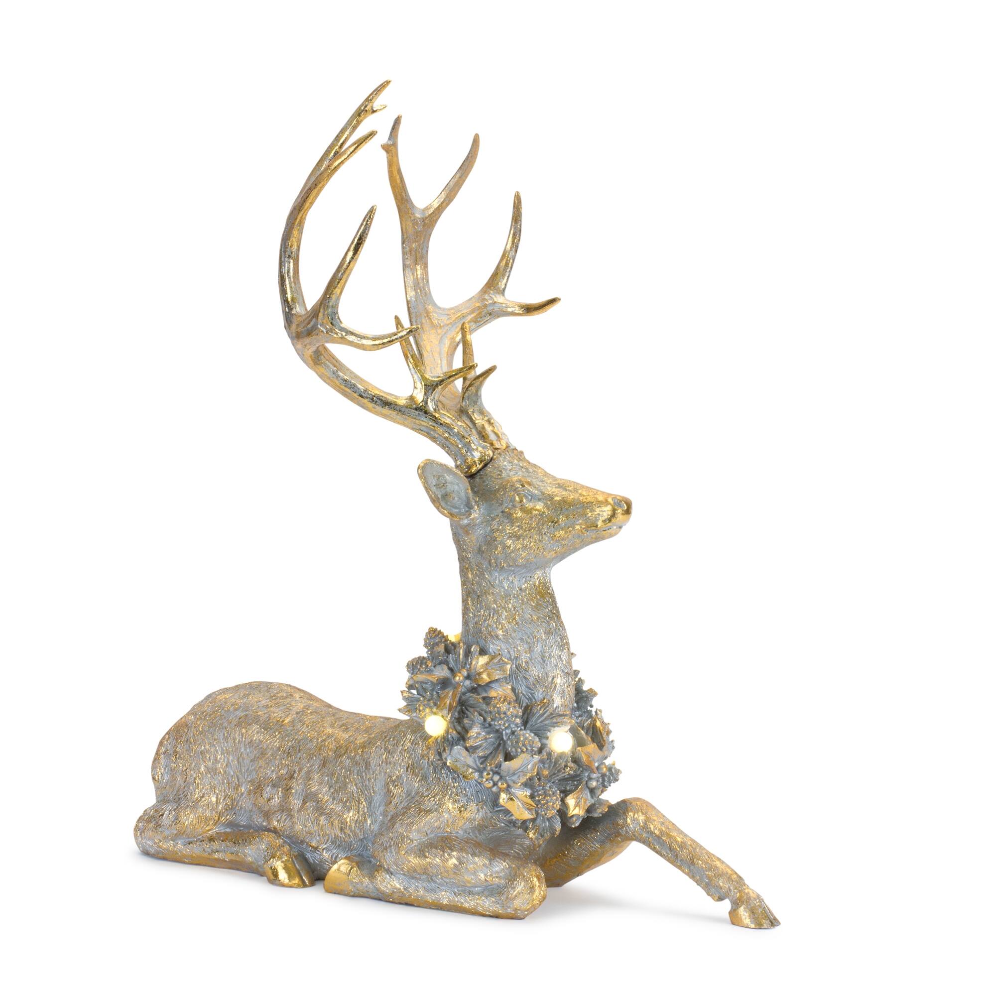 Left. BreeBe - Holiday Deer Figurine with Lighted Wreath and Gold Finish (Set of 2) - Gold.