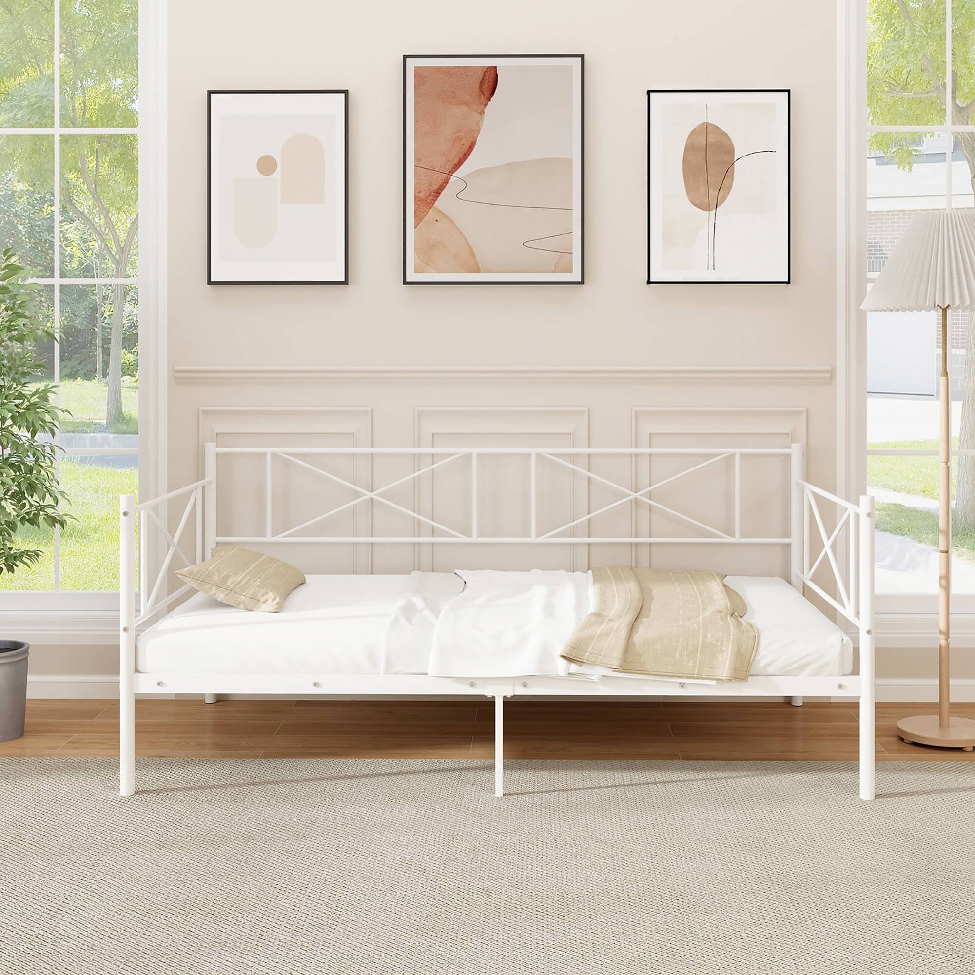 Alt View 4. Gymax - Gymax Twin Size Metal Daybed Modern Platform Bed w/ Heavy-duty Metal Slat Support White - White.