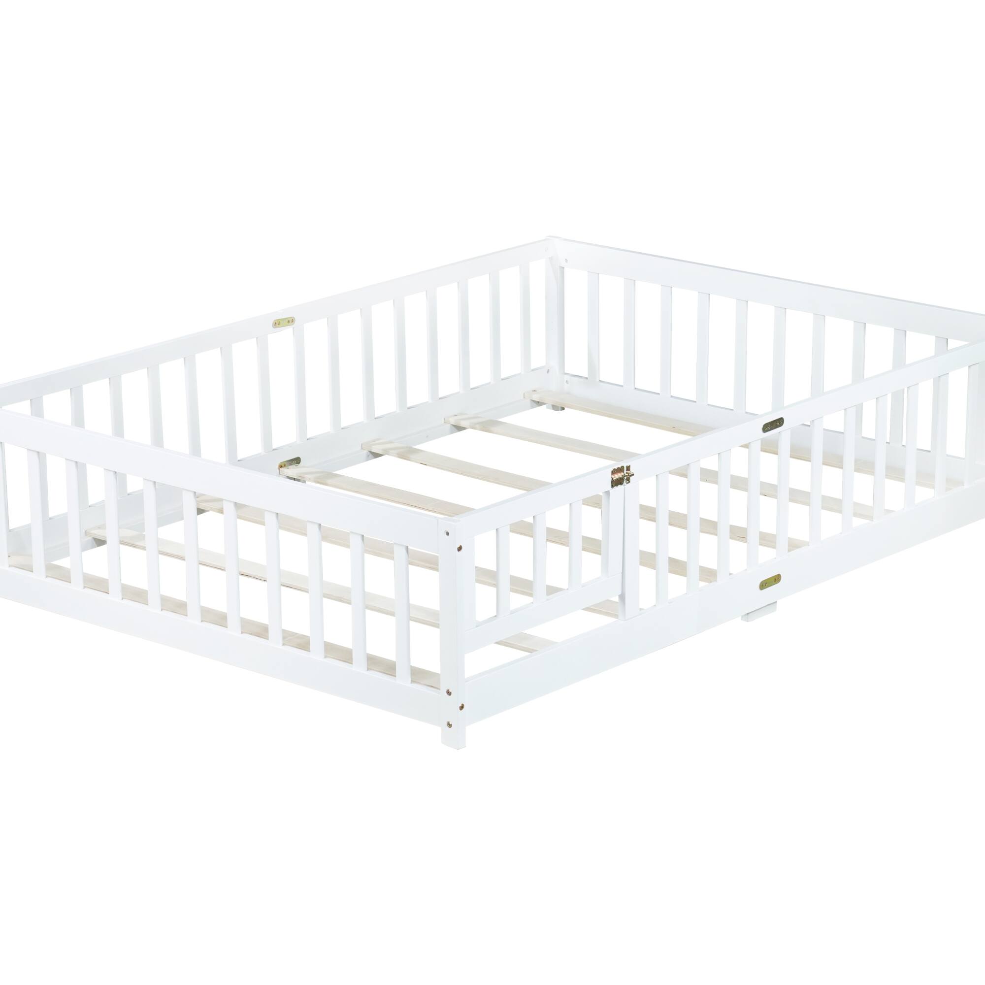 Alt View 9. GOODSILO - Full Size Floor Bed with Safety Fence and Revolving Door for Children, Sturdy Rubber Wood Construction - White.