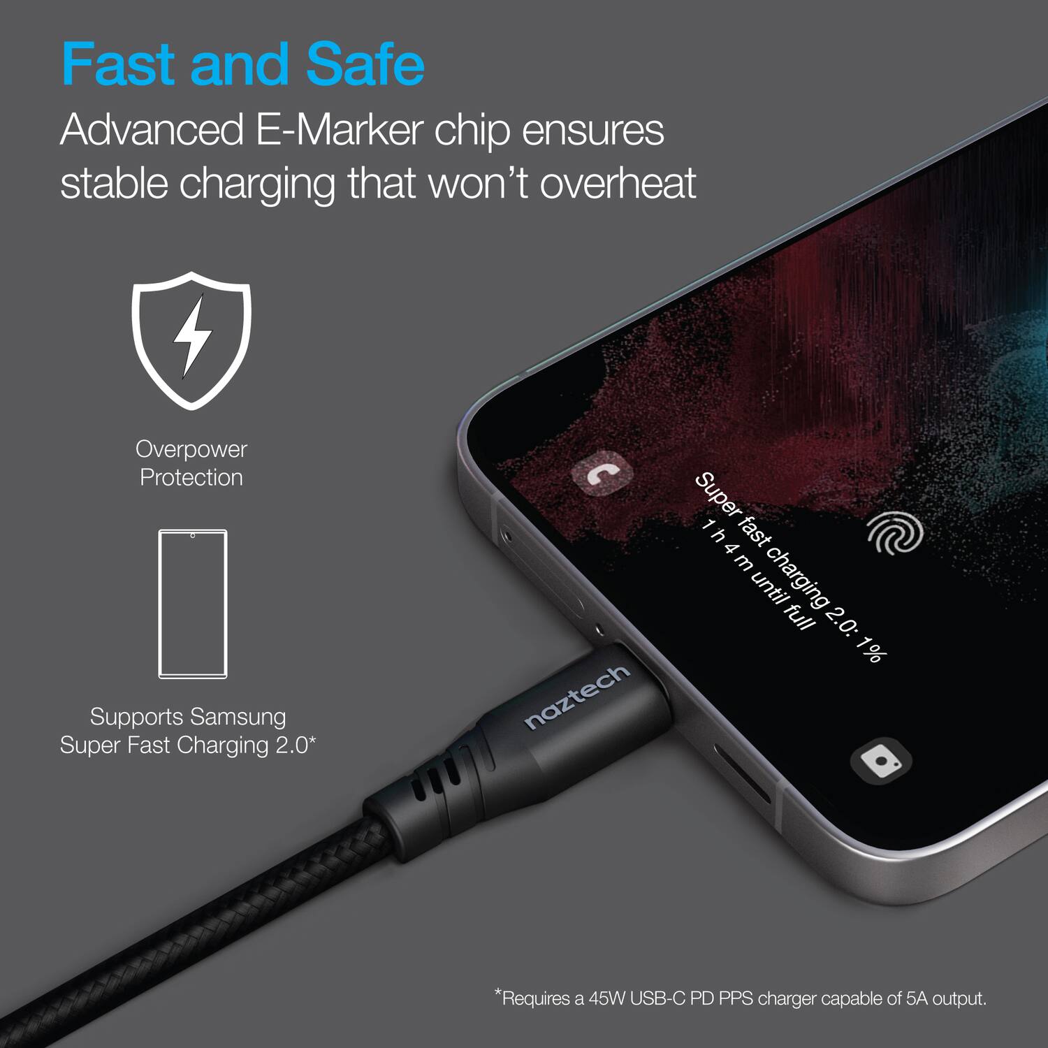 Fast and Safe  
Advanced E-Marker chip ensures stable charging that won't overheat  

Overpower Protection  
Supports Samsung Super Fast Charging 2.0*  

*Requires a 45W USB-C PD PPS charger capable of 5A output.