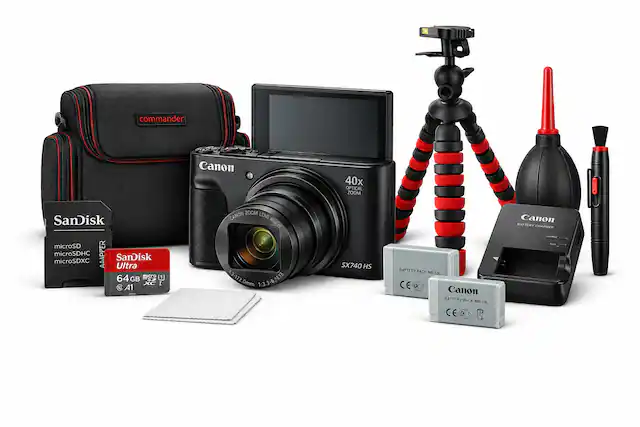 Canon SX740 HS 40x Optical Zoom Lens 23-172.0mm 1:3.3-6.2 4.3" LCD Screen
SanDisk microSD microSDHC microSDXC Ultra 64GB
Canon Battery Pack NB-13L
Canon Battery Charger
Commander Camera Bag