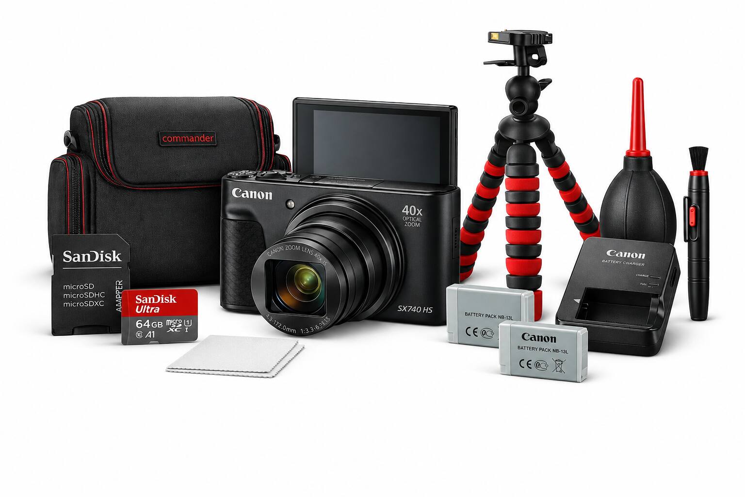 Canon SX740 HS 40x Optical Zoom Lens 23-172.0mm 1:3.3-6.2 4.3" LCD Screen  
SanDisk microSD microSDHC microSDXC Ultra 64GB  
Canon Battery Pack NB-13L  
Canon Battery Charger  
Commander Camera Bag