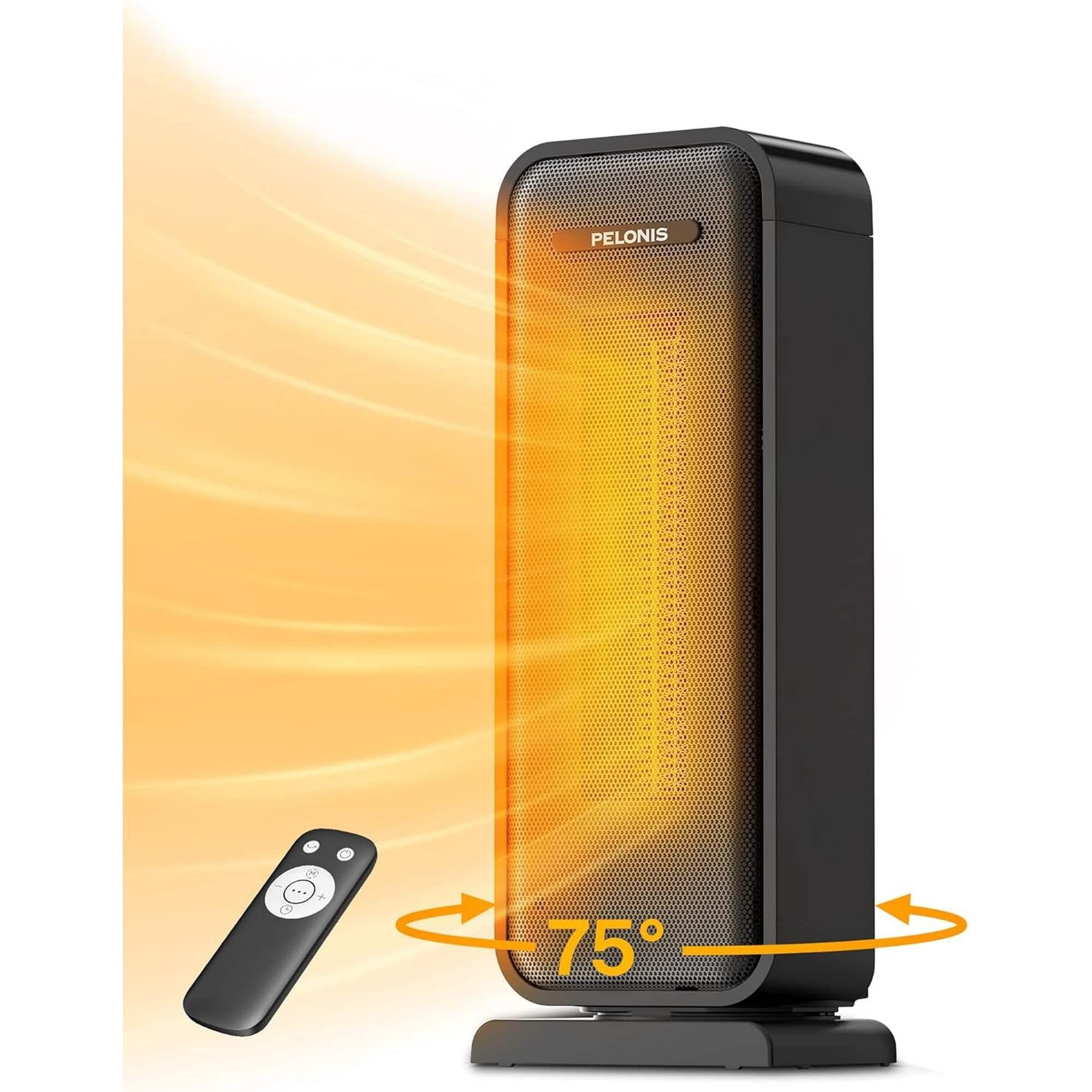 Pelonis - 1500W New Ceramic Space Heater with 75° Oscillation, Electric Room Heater ,PSH17CD2ABB - Black